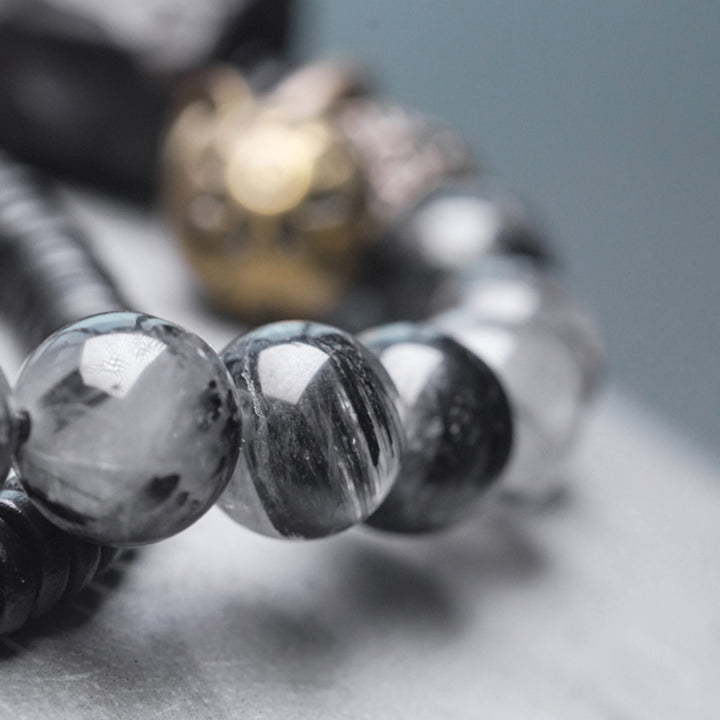 Buddha Stones Czarny Kwarc Rutilowany Drewno Hebanowe Miedź Mądrość Para Bransoletka