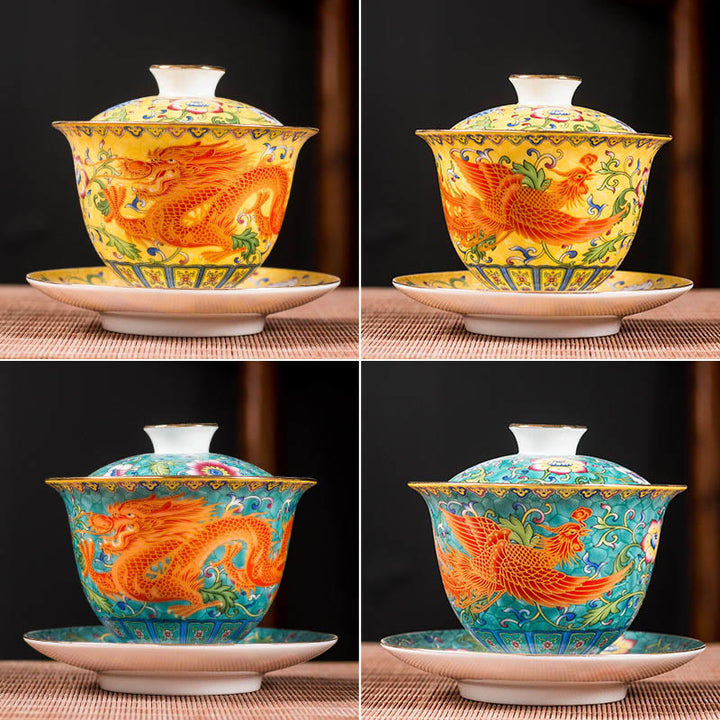 Buddha Stones Smok Feniks Kwiat Projekt Ceramiczny Gaiwan Sancai Filiżanka Kung Fu Filiżanka Do Herbaty I Spodek Z Pokrywką - image 12