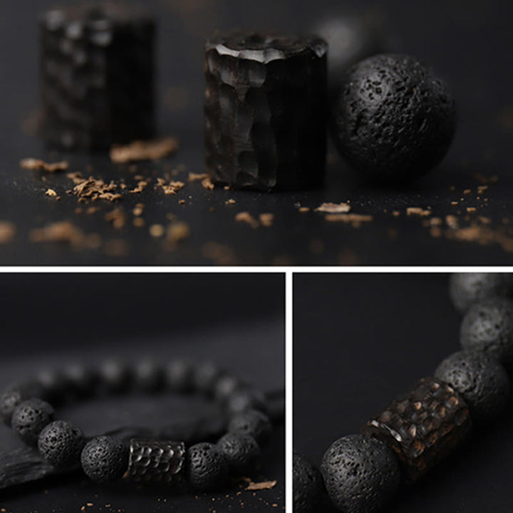 Buddha Stones, kamień lawowy, drewno hebanowe, bransoletka lecznicza z tygrysim okiem
