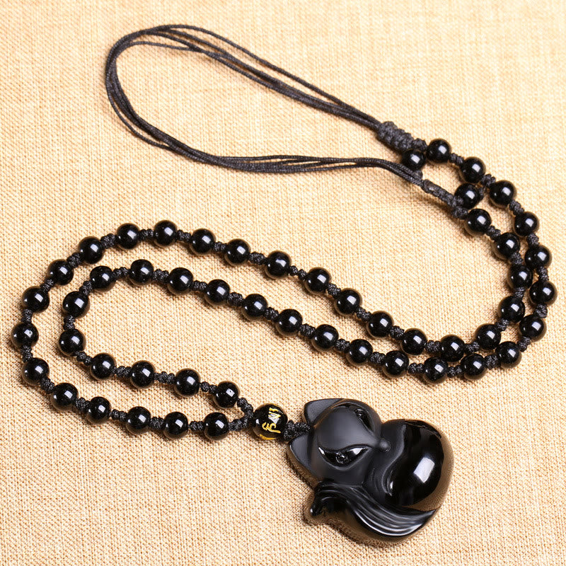 Buddha Stones Naturalny Czarny Obsydian Tygrysie Oko Lodowy Obsydian Lis Wisiorek Amulet Naszyjnik