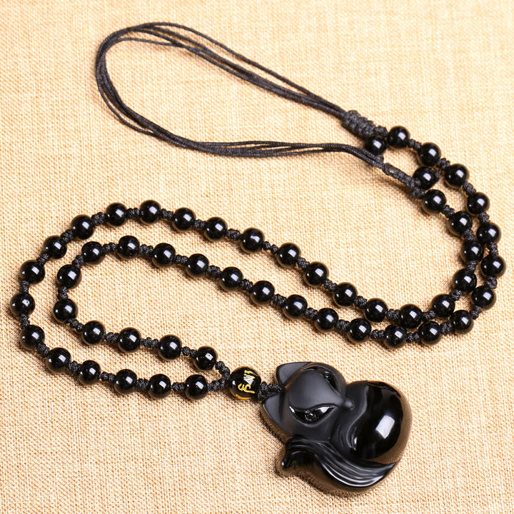 Buddha Stones Naturalny Czarny Obsydian Tygrysie Oko Lodowy Obsydian Lis Wisiorek Amulet Naszyjnik
