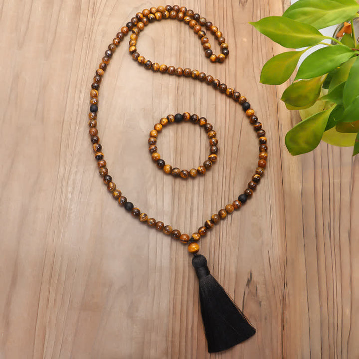 Buddha Stones 108 Koralików Mala Tygrysie Oko Ochrona Bransoletka z Chwostem
