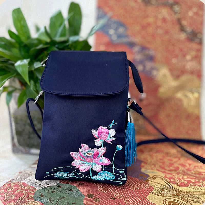 Buddha Stones Wodoodporna Ręcznie Haftowane Kwiaty Lotosu Torba Crossbody Torba Na Ramię Torba Na Telefon Komórkowy