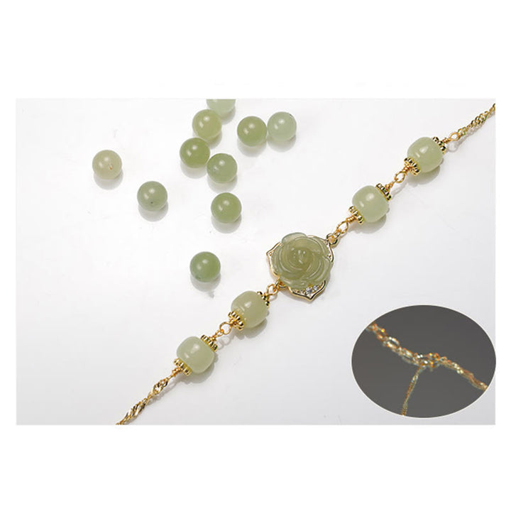Bransoletka z łańcuszkiem szczęścia z Buddha Stones 14K pozłacana jadeitem Hetian i różą