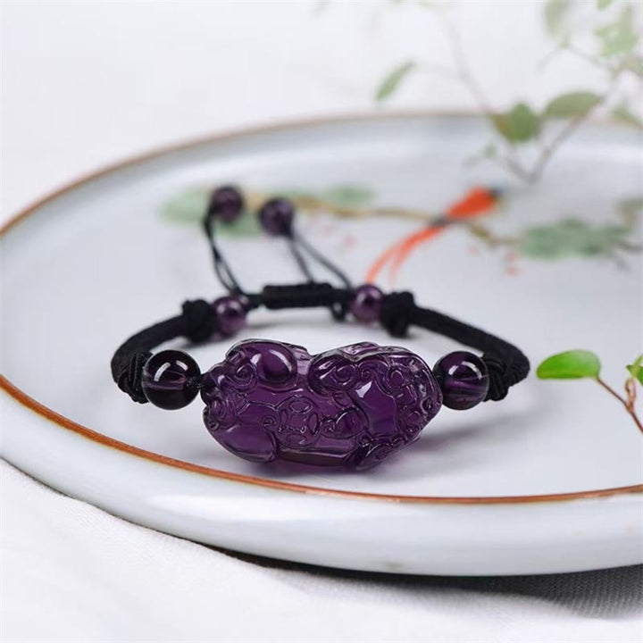 Buddha Stones Naturalny Obsydian Ametyst Cytryn PiXiu Cooper Moneta Bogactwo Bransoletka