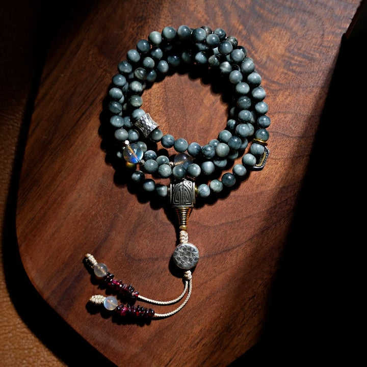 Buddha Stones 925 Srebro Sterling 108 Koraliki Mala Kamień Orle Oko Kamień Księżycowy Pozytywna Bransoletka
