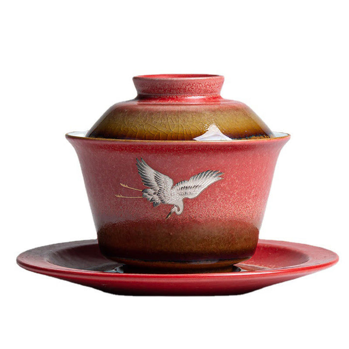 Buddha Stones Czerwony Pomyślny Żuraw Ceramiczny Gaiwan Sancai Filiżanka Kung Fu Filiżanka I Spodek Z Pokrywką