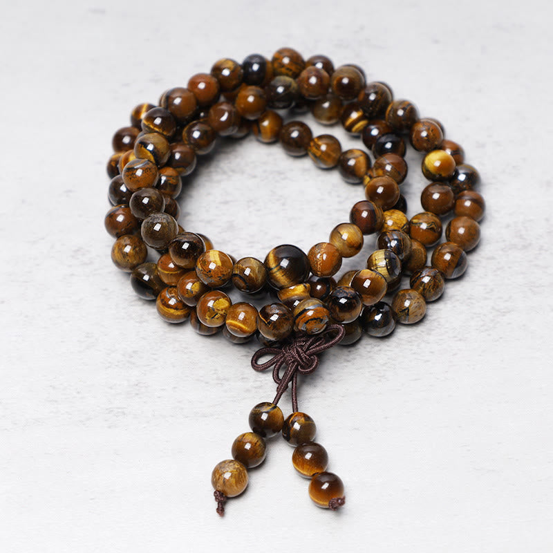 Buddha Stones Tybetańskie 108 Naturalne Koraliki z Tygrysiego Oka Modlitwa Mala Bransoletka Naszyjnik