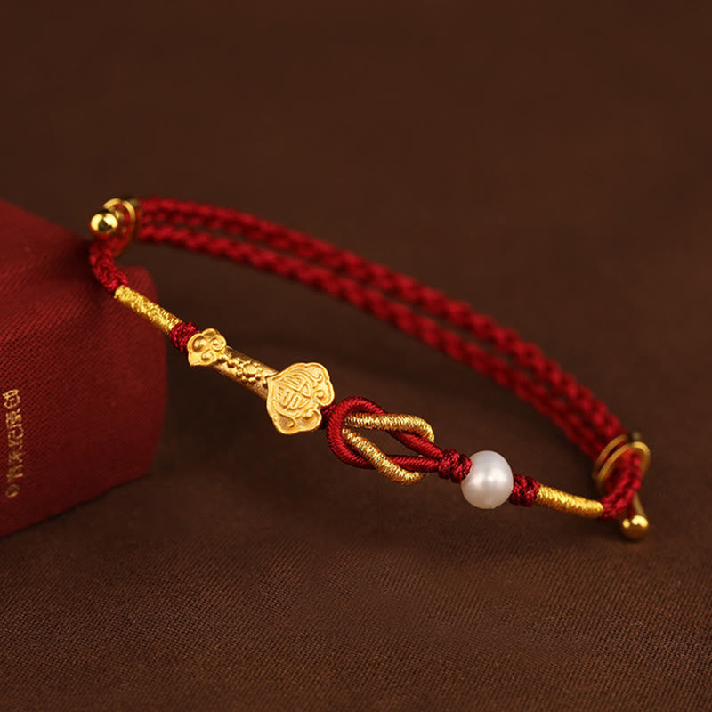 Buddha Stones 24K Złoty Uchwyt Życzenia Ruyi Fu Charakter Królik Perła Szczęście Bransoletka Pleciona