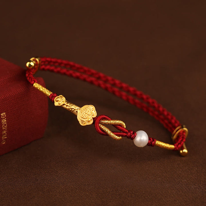 Buddha Stones 24K Złoty Uchwyt Życzenia Ruyi Fu Charakter Królik Perła Szczęście Bransoletka Pleciona