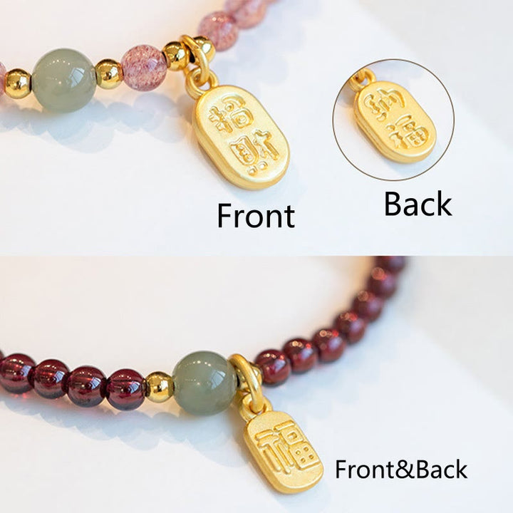 Buddha Stones Naturalny Kwarc Truskawkowy Granat Jadeit Szczęście Fortuna Fu Charakter Uzdrawiająca Bransoletka