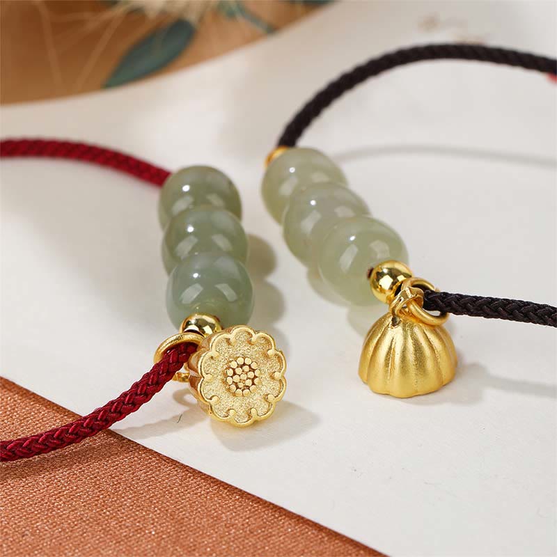 Buddha Stones Ręcznie Robione Hetian Jade Koraliki Lotus Pod Bransoletka Pleciona Dobrobyt Szczęście