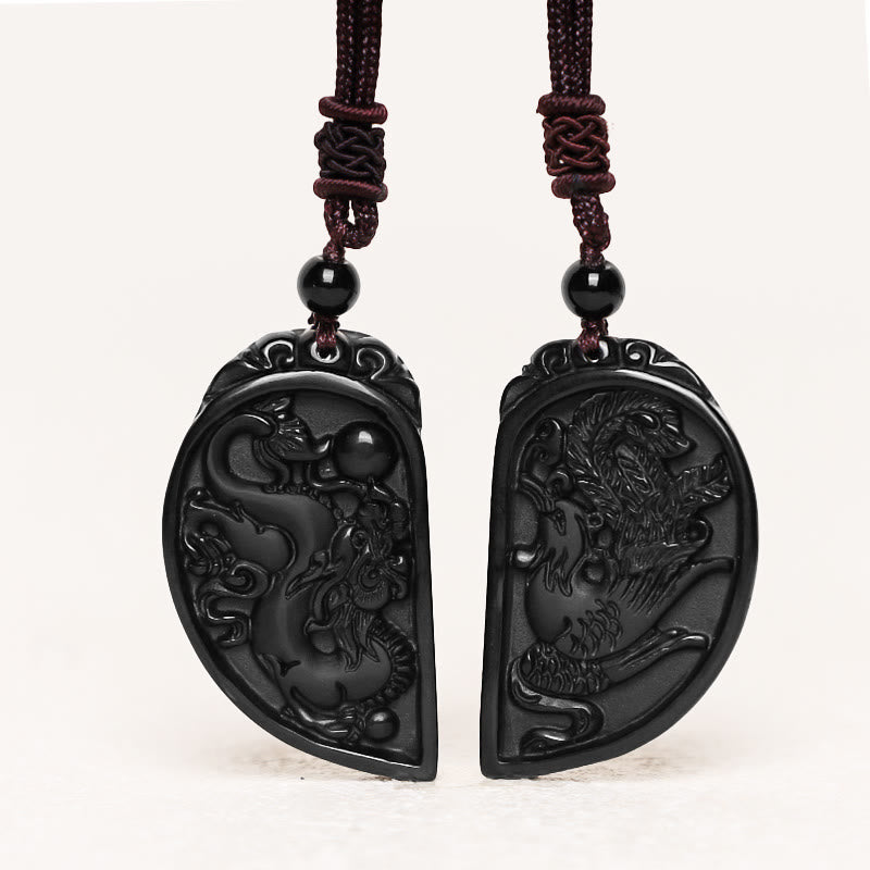 Buddha Stones Czarny Obsydian Miłość Smok Feniks Ochrona Naszyjnik Wisiorek - image 1