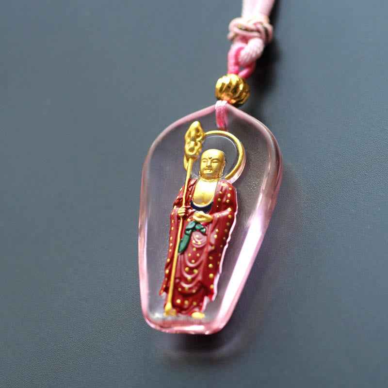 Buddha Stones Ksitigarbha Budda Liuli Kryształowy Amulet Współczucia Naszyjnik Wisiorek - Różowy Stojący Ksitigarbha - image 8