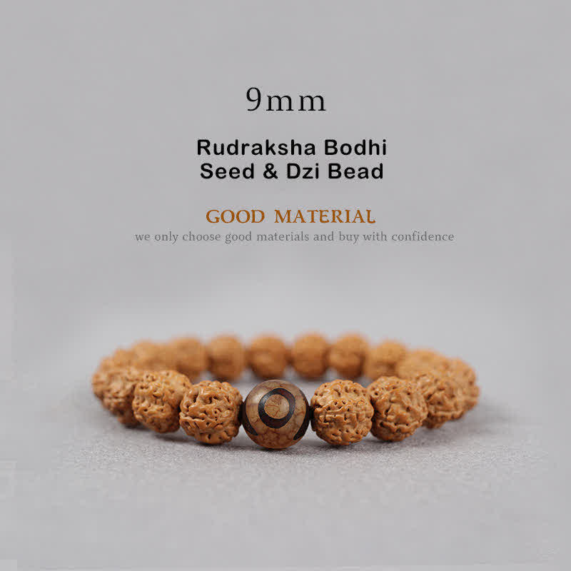 Buddha Stones Tybet Rudraksha Bodhi Nasiona Dzi Koralik Bursztyn Turkus Bransoletka Bogactwo - 9 mm - Nasiona Rudraksha Bodhi i koralik Dzi - image 1