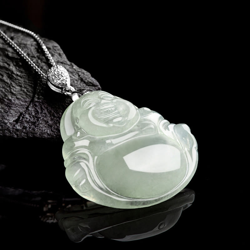 Buddha Stones 925 Srebro Sterling Naturalny Jadeit Śmiejący się Budda Dobrobyt Obfitość Naszyjnik Łańcuch Wisiorek