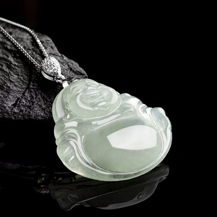 Buddha Stones 925 Srebro Sterling Naturalny Jadeit Śmiejący się Budda Dobrobyt Obfitość Naszyjnik Łańcuch Wisiorek
