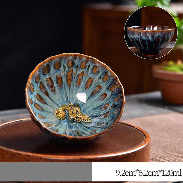 Buddha Stones Lotos Paw Smok Feniks Ryba Koi Ceramiczna filiżanka do herbaty Intarsjowane filiżanki do herbaty 120 ml - Złoto - Smok - image 13