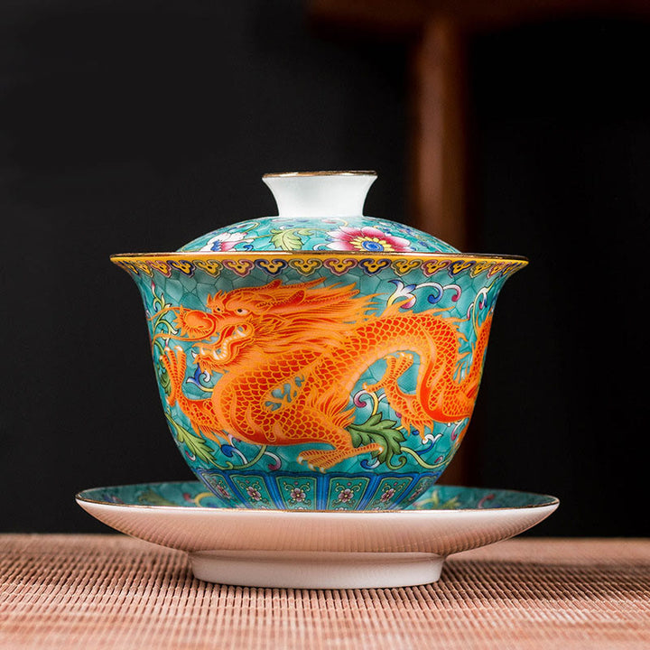 Buddha Stones Smok Feniks Kwiat Projekt Ceramiczny Gaiwan Sancai Filiżanka Kung Fu Filiżanka Do Herbaty I Spodek Z Pokrywką - Zielony - Smok 9,5 cm * 9,3 cm * 160 ml - image 3