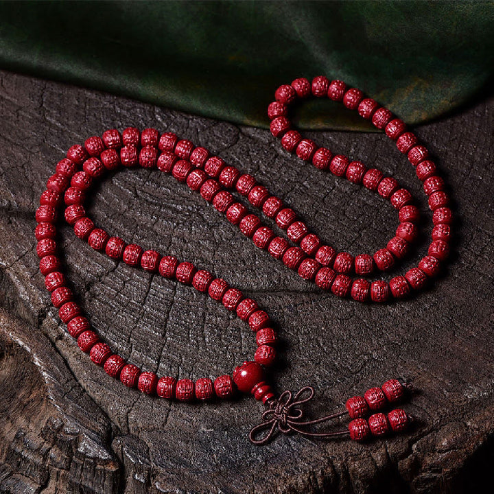 Buddha Stones 108 Mala Koraliki Cynober Om Mani Padme Hum Wzór Grawerowana Bransoletka Błogosławieństwa