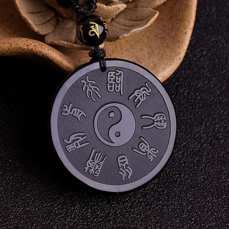 Buddha Stones Naturalny Czarny Obsydian Taoizm Pięć Świętych Gór Dziewięcioznakowa Mantra Rzeźbiona Siła Yin Yang Naszyjnik Wisiorek Brelok - image 2
