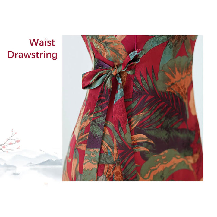 Suknia Qipao z Buddha Stones z jedwabiu w stylu retro z wzorem liści kwiatów i kwiatów, damska sukienka Cheongsam