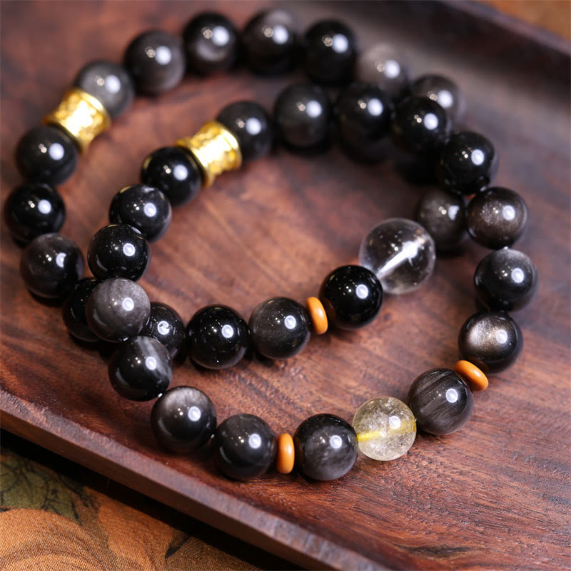 Buddha Stones Naturalny Srebrny Połysk Obsydian Kryształ Om Mani Padme Hum Koralikowa Bransoletka Ochronna