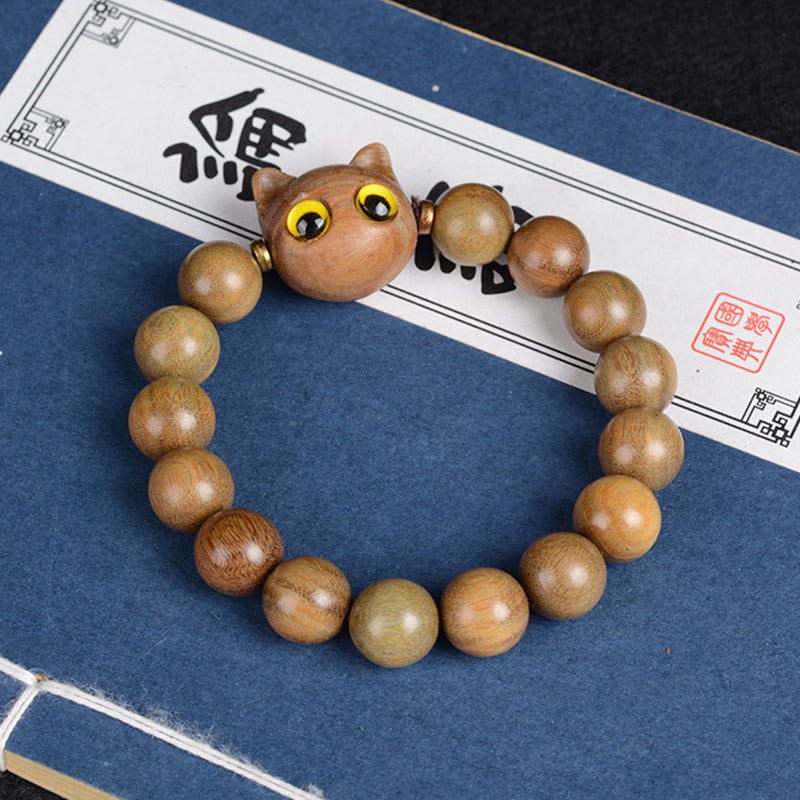 Buddha Stones Drewno hebanowe Zielone drzewo sandałowe Czerwone drzewo sandałowe Piękna bransoletka z kotem - Zielony kotek z drzewa sandałowego 12 mm * 15 koralików (obwód nadgarstka 14-16 cm) - image 8