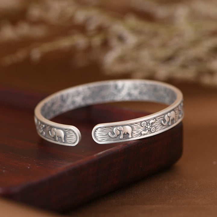 Buddha Stones 999 Srebro Sterlingowe Słoń Siła Mądrość Bransoletka Mankiet Bangle