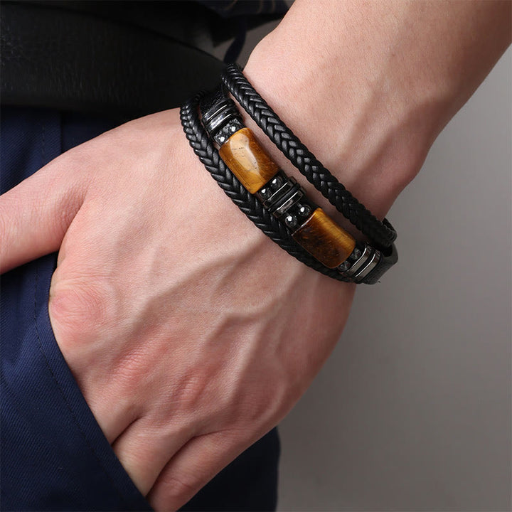 Bransoletka ze skóry wielowarstwowej z zapięciem magnetycznym i Buddha Stones Tiger Eye Power