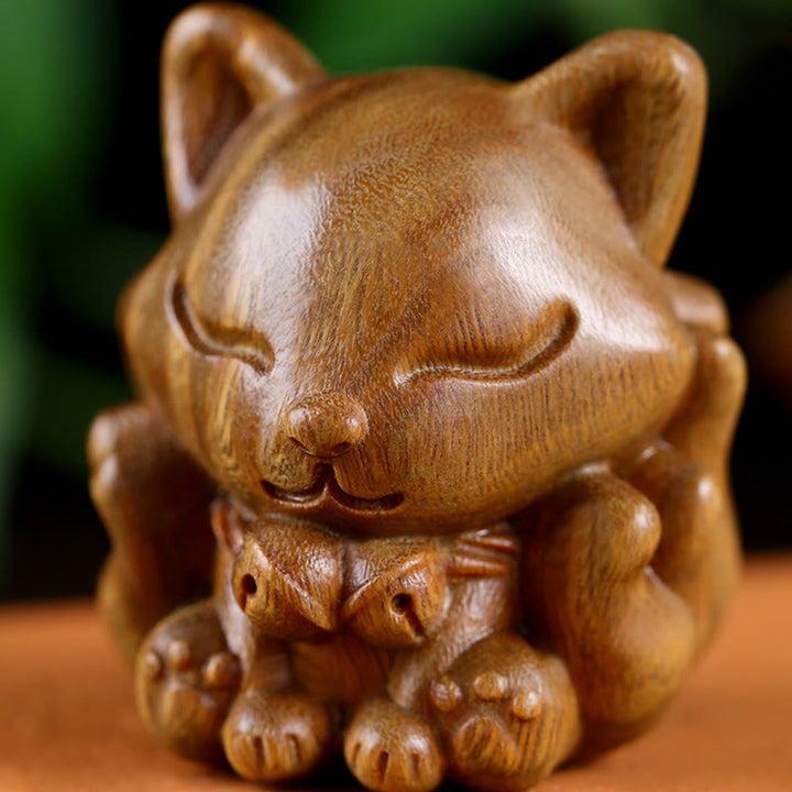 Buddha Stones Mini Dziewięcioogonowy Lis Kość Słoniowa Owoc Sandałowiec Zielony Sandałowiec Błogosławieństwo Dekoracja