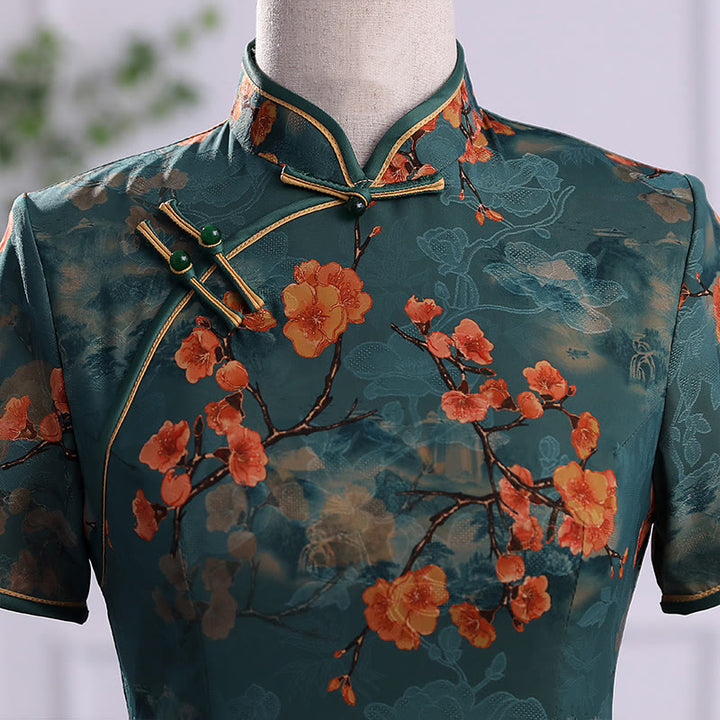 Buddha Stones Retro Kwiat Lotos Piwonia Pióro Druk Qipao Sukienka Damska Cheongsam Sukienka - image 4