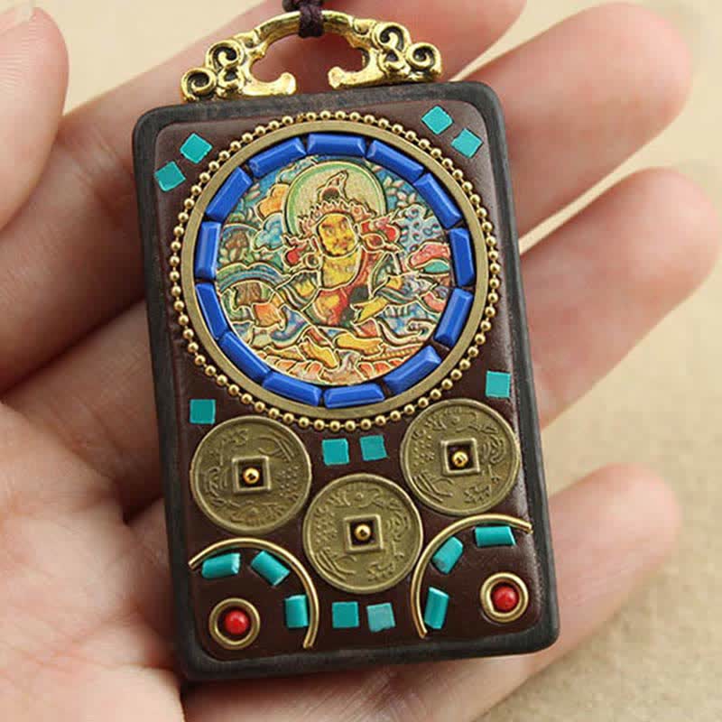 Buddha Stones Tybet Bóg Bogactwa Thangka Ebony Naszyjnik Pokój Wisiorek