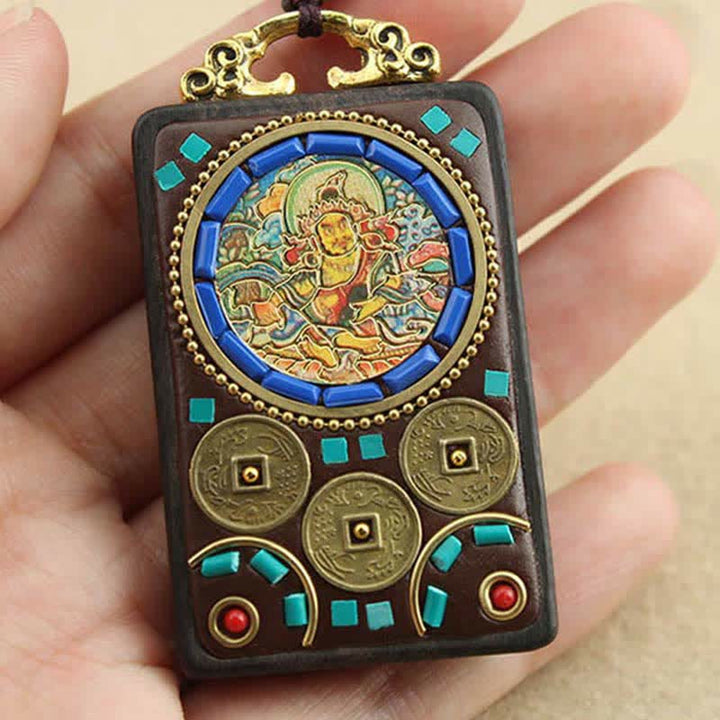 Buddha Stones Tybet Bóg Bogactwa Thangka Ebony Naszyjnik Pokój Wisiorek