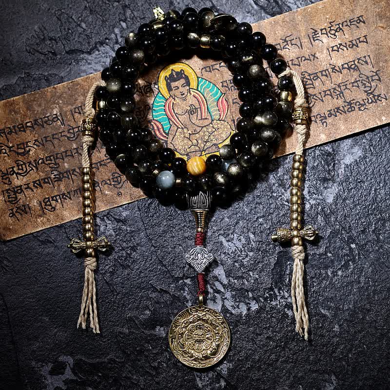 Buddha Stones 108 Mala Beads Złoty połysk Obsydian Tygrysie Oko Orle Oko Kamień Bransoletka Bogactwa