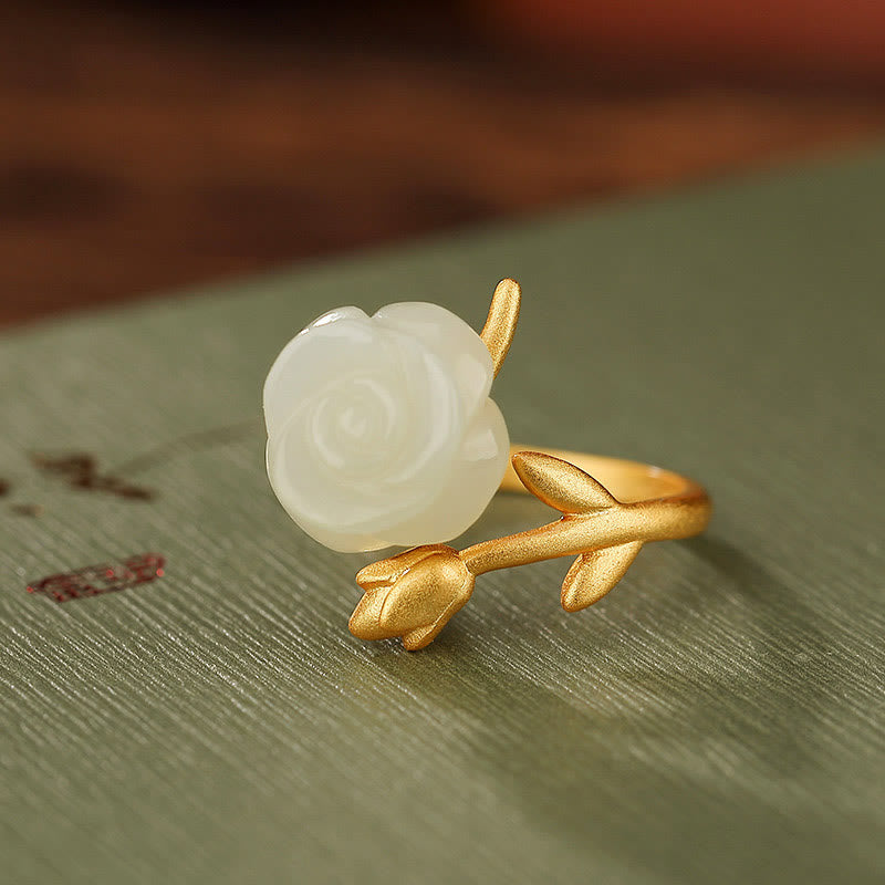 Buddha Stones 925 Srebro Sterlingowe Pozłacane Róże Kwiat Hetian Biały Jade Pierścień Szczęścia
