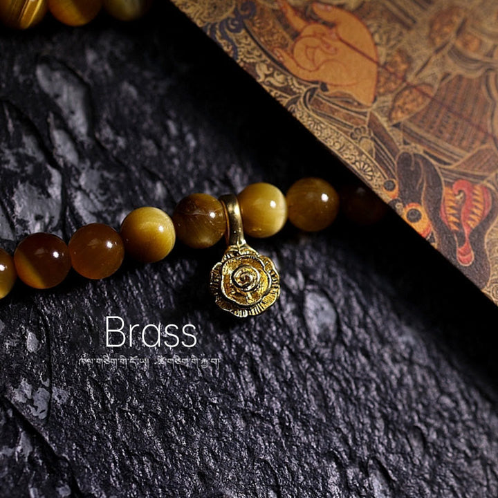 Buddha Stones 108 Mala Koraliki Naturalne Tygrysie Oko Miedź Dorje Ochrona Bransoletka z Chwostem