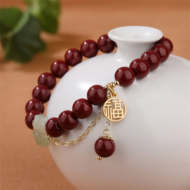 Buddha Stones Cynober Fu Charakter Hetian Jade Szczęśliwa Czterolistna Koniczyna Błogosławieństwo Bransoletka