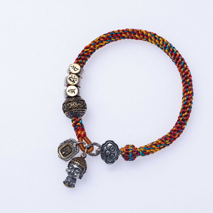 Buddha Stones Ręcznie robione Tybetańskie 925 Srebro Chiński Zodiak Natal Budda Zakiram Bogini Ochrony Bogactwa Wielokolorowa Bransoletka Pleciona Lina