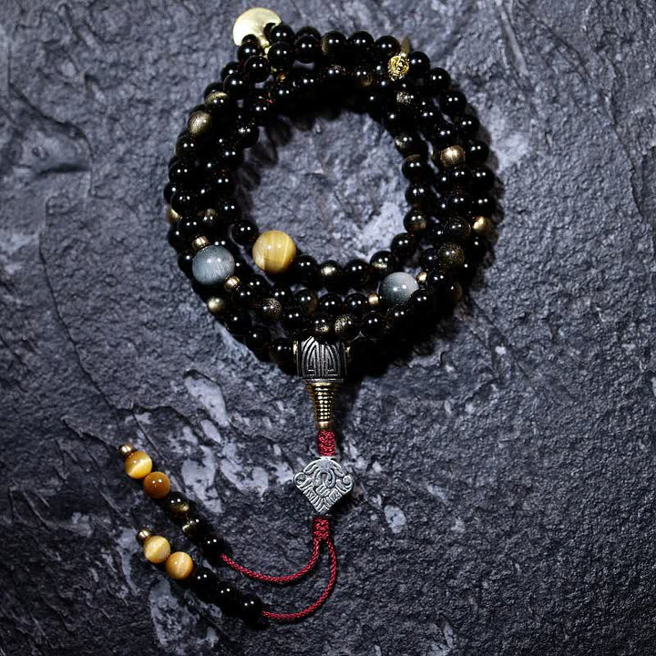Buddha Stones 108 Mala Beads Złoty połysk Obsydian Tygrysie Oko Orle Oko Kamień Bransoletka Bogactwa
