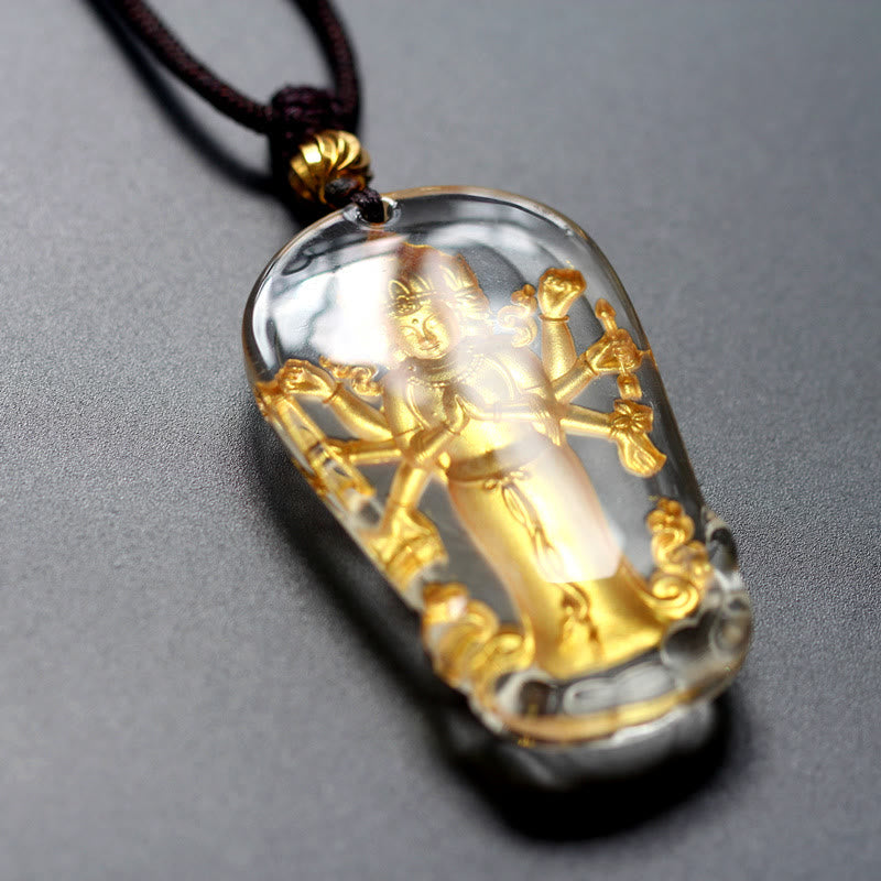Buddha Stones Tybetański Ośmioramienny Awalokiteśwara Guanyin Budda Pozłacany Liuli Kryształowy Naszyjnik Bogactwo Wisiorek