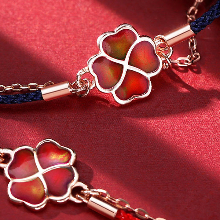 Bransoletka Buddha Stones 925 Sterling Silver Color Changing Four Leaf Clover Luck Protection Red String