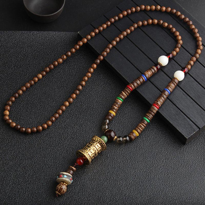 Buddha Stones Turkusowe Koraliki Dzi Koło Modlitewne Naszyjnik Medytacyjny Z Drewna Wenge - Złote Koło Modlitewne - image 8