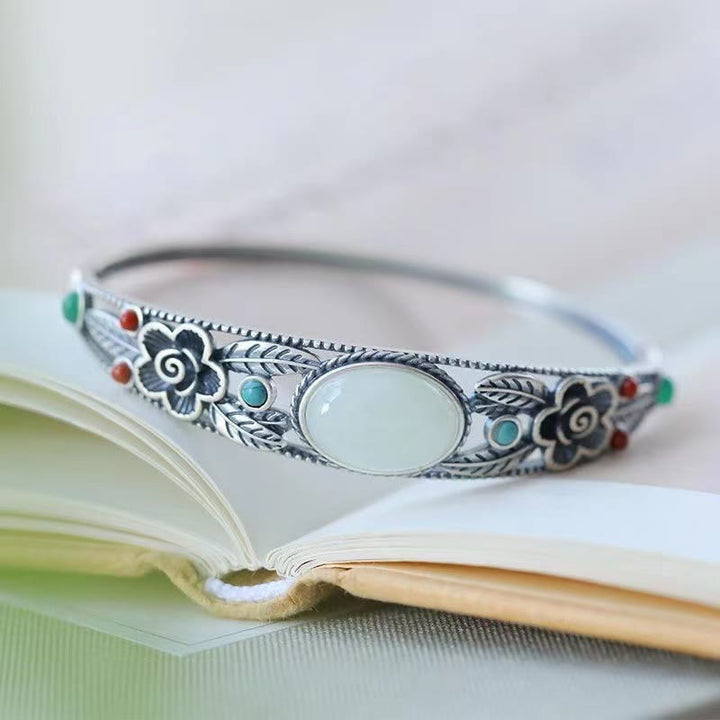 Buddha Stones Cyjan Jade Biały Jade Kwiat Liść Harmonia Szczęście Bransoletka Bangle