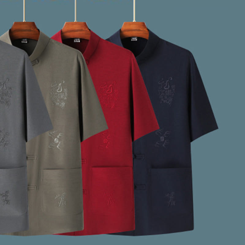 Buddha Stones Tang Suit Hanfu Chiński Smok Tradycyjny Kung Fu Jednolity Krótki Rękaw Topy i Spodnie Odzież Męska Zestaw - image 18