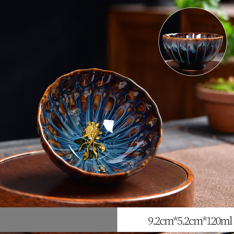 Buddha Stones Lotos Paw Smok Feniks Ryba Koi Ceramiczna filiżanka do herbaty Intarsjowane filiżanki do herbaty 120 ml - Złoto - Ryba Koi - image 15