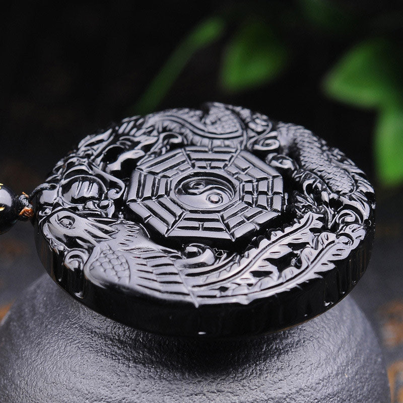 Buddha Stones Naszyjnik z wisiorkiem Bagua Dragon Phoenix Obsydian Spełnienie - image 3