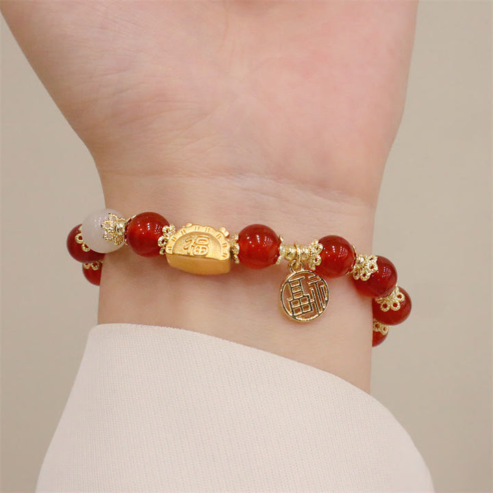 Buddha Stones Rok Smoka Czerwony Agat Kwarc Truskawkowy Czarny Obsydian Jadeit Granat Perła Cynober Pierożek Smok Szczęście Fu Bransoletka - image 4