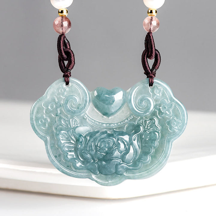 Buddha Stones Naturalny Jadeit Peonia Kwiat Kłódka Dobrych Życzeń Naszyjnik Wisiorek Dobrobytu