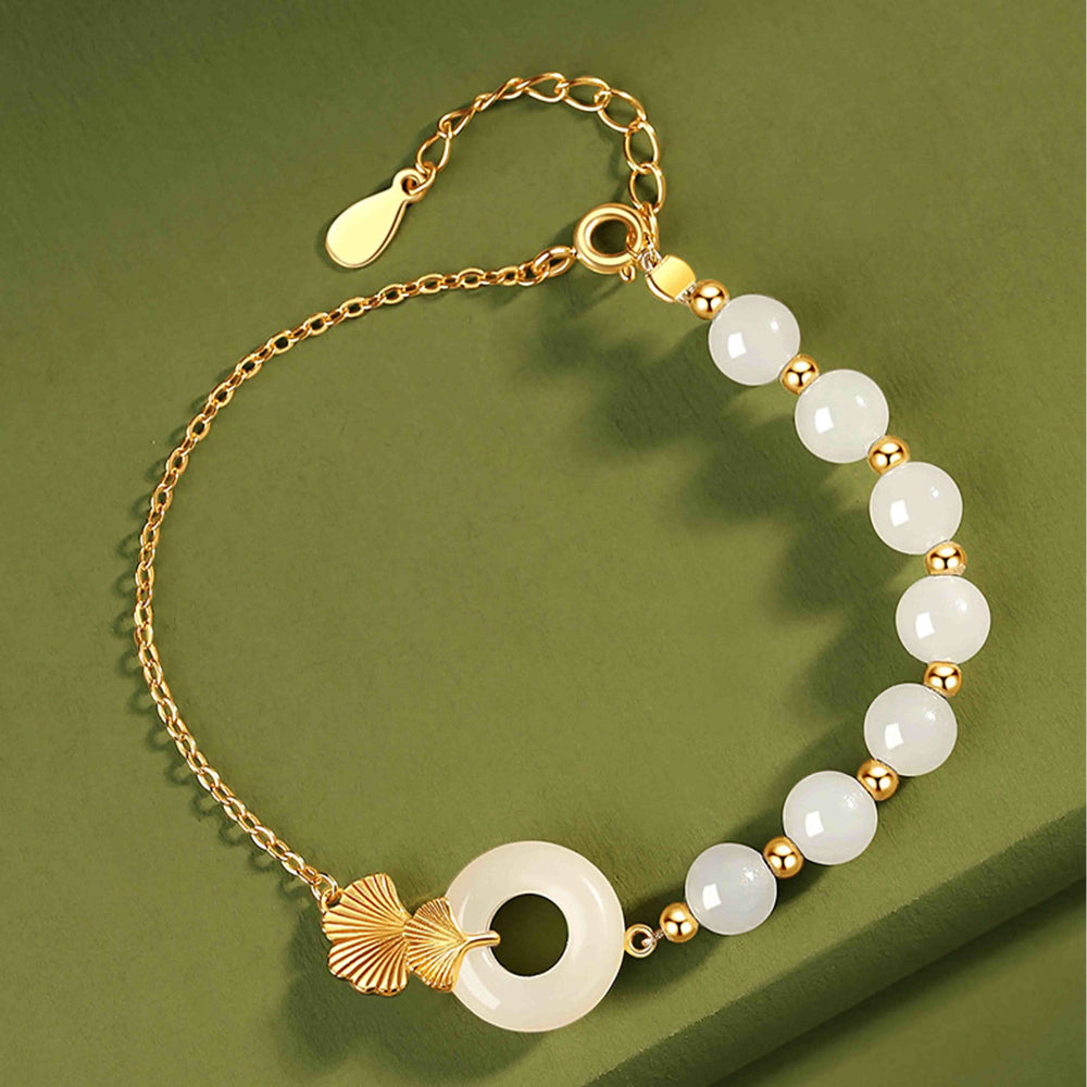 Buddha Stones 925 Srebro Sterlingowe Hetian Biały Jadeit Klamra Pokoju Bransoletka Szczęścia Liść Miłorzębu - image 1